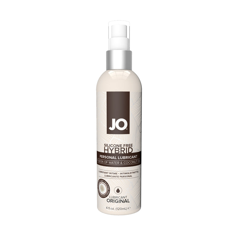 JO Coconut Hybrid Original, 4 oz: water and coconut oil hybrid lubricant in a cream pump bottle with a brown label