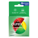 Durex Tropical latex condoms, 3 pack: green box with fruit graphics, close fit, 1 banana, 1 strawberry and 1 apple