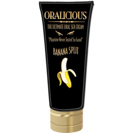 Oralicious Banana Split: 2 oz oral sex cream in a black tube with a gold cap. Playtime never tasted so good