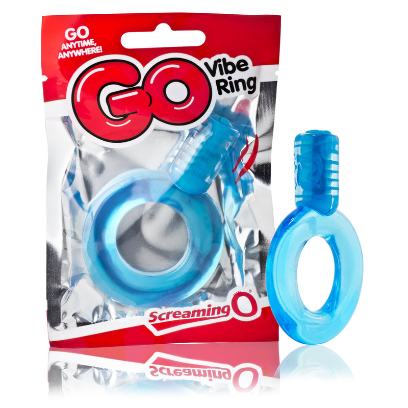 Screaming O Go Vibe Ring in blue: stretchy vibrating cock ring with a ribbed bullet, beside its package