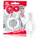 Screaming O Go Vibe Ring in clear: stretchy vibrating cock ring with a ribbed bullet, beside its package