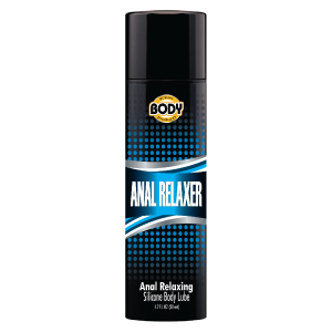 Body Action Anal Relaxer: 1.7 fl oz (50 ml) black bottle of anal relaxing silicone body lube with a blue label