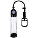 Doc Johnson Rock Solid Boost It: clear penis pump cylinder with a pressure gauge, hose and trigger hand pump