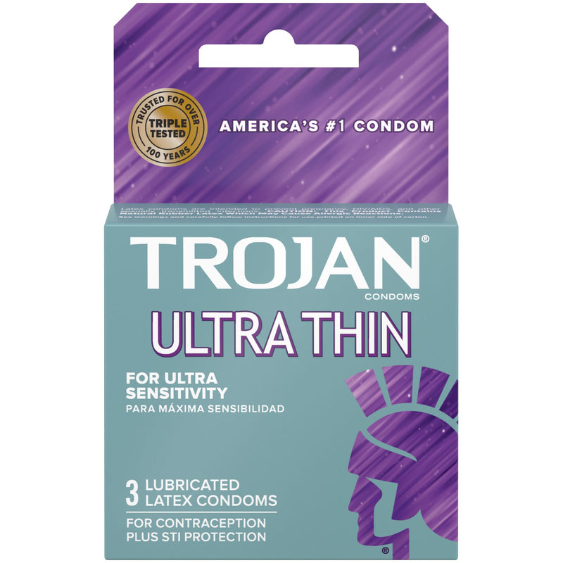 Trojan Ultra Thin latex condoms, 3 pack: teal and purple box, for ultra sensitivity, lubricated