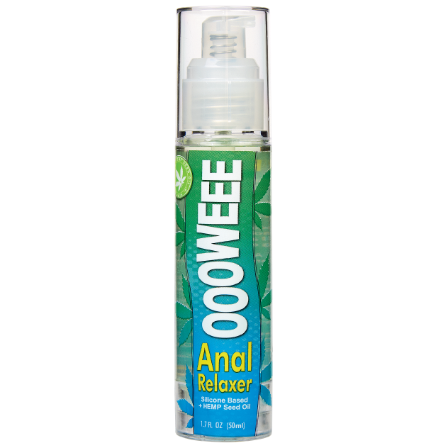 Ooowee Anal Relaxer: 1.7 fl oz (50 ml) pump bottle of silicone based lubricant with hemp seed oil, green leaf label